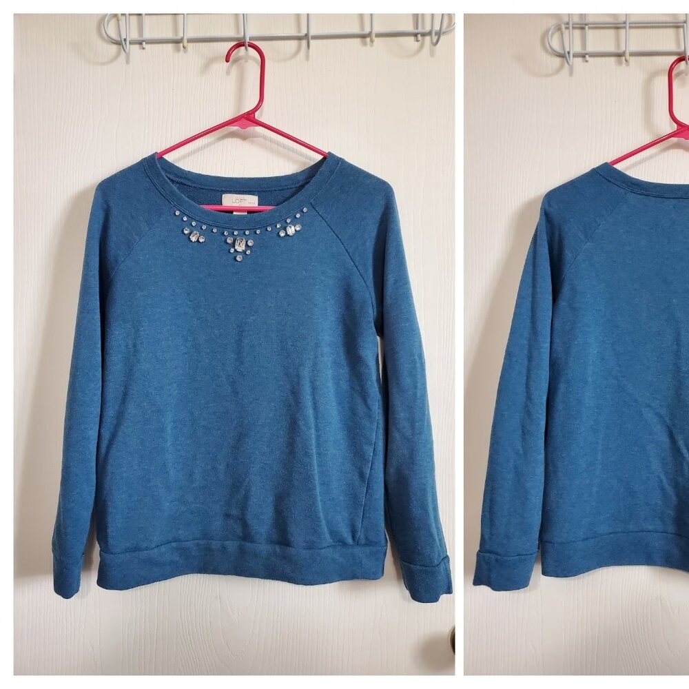 LOFT *petite* blue jeweled crewneck